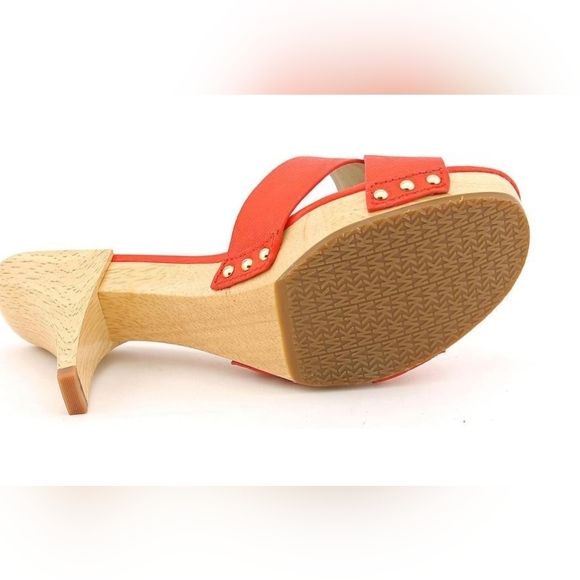 Michael Kors Saffiano Leather Slide Sandles Wood Heel Orange Size 9.5 - Picture 2 of 13